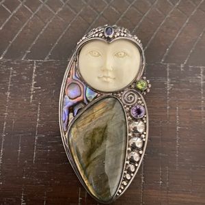 Sajen 925 Carved Goddess Moon Face Pin- Brooch Pendant Sterling Silver
